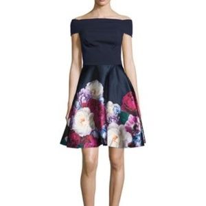 Ted Baker London Navy Nersi Blushing Bouquet Floral Bardot Dress with Pockets